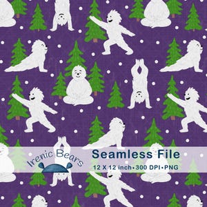 Puede incluir: Patrón sin costuras con personajes de yeti blancos de dibujos animados en varias posturas de yoga y pinos verdes sobre un fondo morado. También está presente el texto "Seamless File" y "12 X 12 inch".