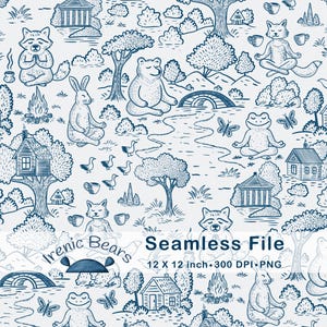 May include: A blue and white seamless pattern with woodland animals meditating in a peaceful setting. The design includes houses, trees, bridges, and the text "Irenic Bears Seamless File 12 X 12 inch 300 DPI PNG".