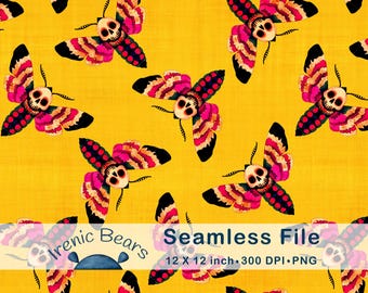 Whimsigoth Totenkopf Motte Musterdesign, pink und gelb (PNG Download)