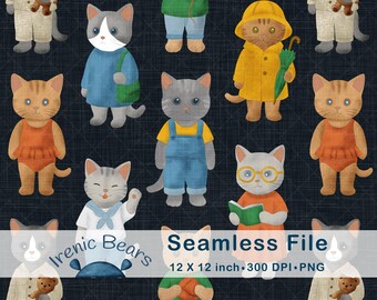 Niedliche Angekleidete Katzen auf Leinen Textur (Nahtloses Muster 300 DPI PNG Download) für Kinder Dekor & skurrile Handarbeiten