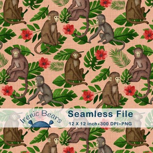 May include: Seamless pattern featuring monkeys, red flowers, and green leaves on a peach background. The design includes the text "Seamless File" and the dimensions "12 x 12 inch".