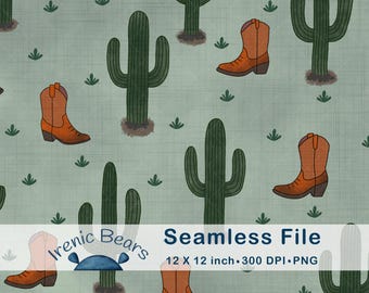 Cowboy Stiefel und Kakteen auf rustikaler grüner Leinen Textur (Nahtloses Muster 300 DPI PNG Download) für Western Dekore