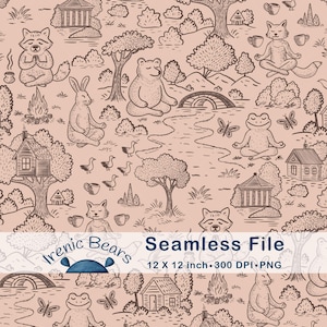 Könnte beinhalten: Eine nahtlose digitale Datei mit einem sich wiederholenden Muster von Waldtieren, Häusern, Bäumen und einer Brücke, alles im handgezeichneten Stil. Der Text "Seamless File" und "12 X 12 inch • 300 DPI • PNG" sind enthalten. Die Farbpalette ist ein weiches Braun.