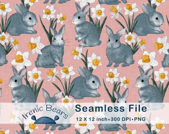Osterhasen und Narzissen in Grau auf Zart Rosa (Nahtloses Muster 300 DPI PNG Download) für Kinderzimmer und Bastelarbeiten