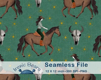 Cowgirl auf Pferd mit Stierschädeln und goldenen Sternen auf rustikalem Grün (Seamless Pattern 300 DPI PNG Download) für Western Americana Decor