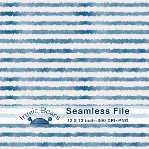 May include: Seamless digital file featuring a watercolor-style pattern of horizontal blue stripes on a white background. The file is 12 x 12 inches and 300 DPI. The text "Seamless File" and the brand name "Irenic Bears" are also visible.