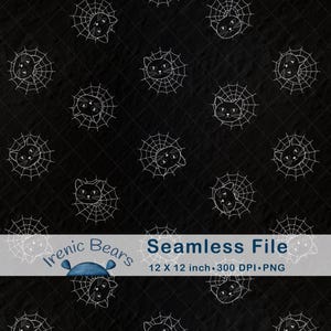 May include: Black seamless pattern featuring white spiderwebs with black cat faces in the center. The pattern is on a black background. The text "Seamless File" is displayed in the image.