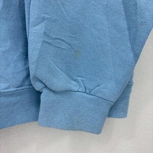 以下が含まれることがあります： リブ編みの袖口と裾が付いた、明るい青色のスウェットシャツ。生地は柔らかいニット素材のようです。袖に小さなシミがあります。