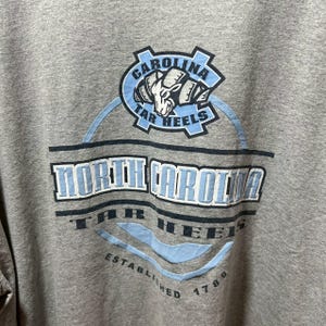May include: A gray crew neck t-shirt featuring the words "North Carolina Tar Heels" in a light blue and white design. The shirt also includes the text "Established 1789" and a logo with a ram.