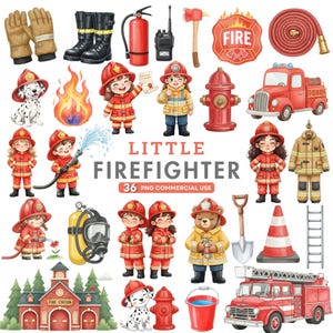Puede incluir: Una colección de ilustraciones en acuarela con equipos y personajes de bomberos. Incluye camiones de bomberos, bocas de incendio, un dálmata y niños vestidos de bomberos. Se muestra el texto "LITTLE FIREFIGHTER".