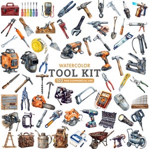 May include: Watercolor illustration of a tool kit with various tools, including hammers, saws, drills, and wrenches. The image features a red toolbox, screwdrivers, and a measuring tape. The text "Watercolor Tool Kit" is displayed.