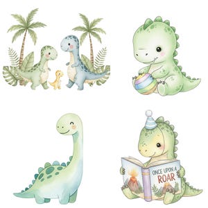 Watercolor cute dinosaur graphics for greeting cards, classroom decor, and dinosaur-themed baby shower party supplies.