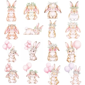 Adorable bunny holding a pink balloon in watercolor style, ideal for girl birthday party printables and Easter designs.