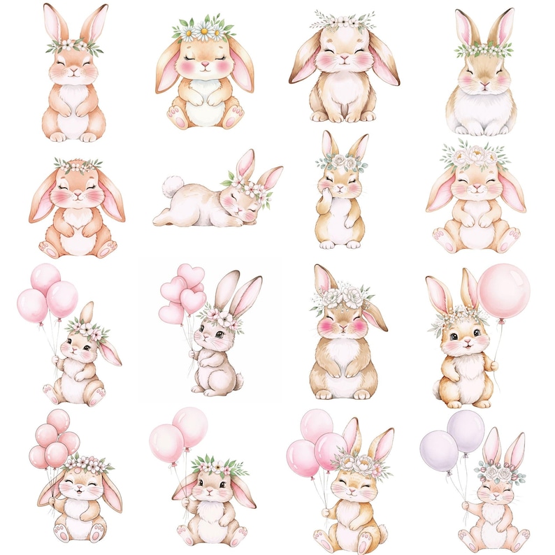 Adorable bunny holding a pink balloon in watercolor style, ideal for girl birthday party printables and Easter designs.