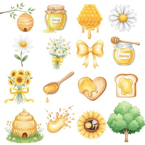 Sweet floral bee clipart featuring blossoms and honeybees, crafted for spring party décor and nursery artwork.
