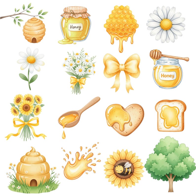 Sweet floral bee clipart featuring blossoms and honeybees, crafted for spring party décor and nursery artwork.