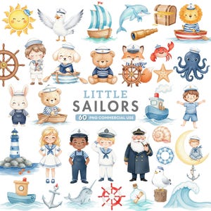 Pode incluir: Ilustrações em aquarela com tema náutico. A imagem inclui um sol sorridente, uma gaivota, barcos, um golfinho, um baú de tesouro, um leão, um caranguejo, um polvo, uma estrela do mar e vários personagens de marinheiros. O texto "LITTLE SAILORS" também está presente.