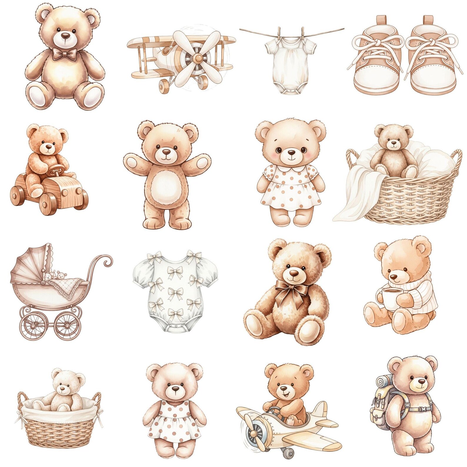Teddy Bear Clipart, Neutral Boho Baby Shower Clipart, Watercolor Teddy ...