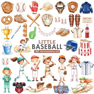 May include: A watercolour illustration of baseball equipment and children playing baseball. The image includes baseballs, gloves, bats, uniforms, a helmet, and the text "LITTLE BASEBALL" and "60 PNG COMMERCIAL USE".