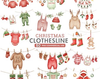 Baby Clothesline Clipart, My First Christmas PNG, Baby Shower Clipart, Baby Outfit PNG, Watercolor Christmas Baby, Festive Newborn