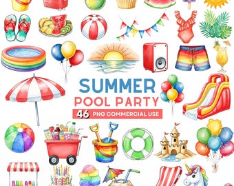 Pool Party Clipart, Summer Pool Party PNG, Kids Poolside Clipart, Flamingo Watercolor Clipart, Cute Summer Beach Party, Birthday Clipart
