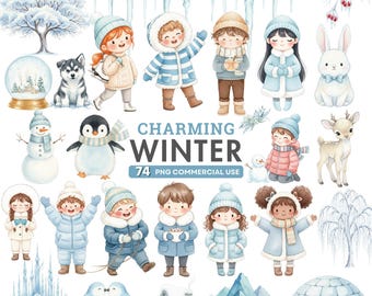 Cute Winter Clipart, Winter Kids PNG, Watercolor Snowman, Polar Bear Clipart, Penguin PNG, Nursery Decor, Ice Skating, Snowy Holiday PNG