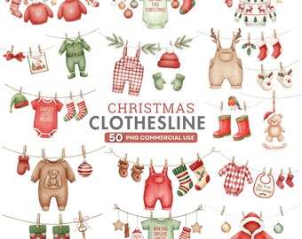 Christmas Baby Clothesline Clipart, Baby Christmas PNG, My First Christmas Outfit Art, Festive Baby Shower Clipart, Commercial Use Clipart