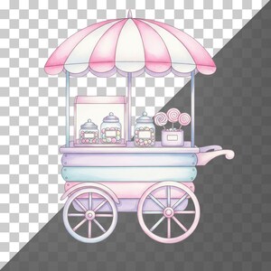 Hand-painted pastel candy clipart set with pink cupcakes, rainbow candy, and cotton candy elements for commercial or DIY use