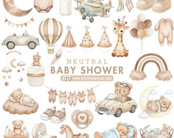 Neutral Baby Shower Clipart, Boho Baby & Teddy Bear PNG, Watercolor Baby Animals, Hot Air Balloon, Gender Neutral Nursery, Commercial Use