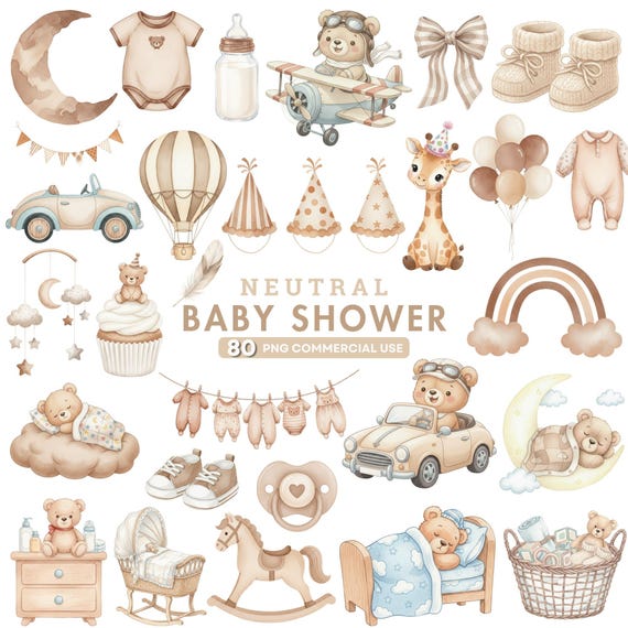 Neutral Baby Shower Clipart, Boho Baby & Teddy Bear PNG, Watercolor Baby Animals, Hot Air Balloon, Gender Neutral Nursery, Commercial Use
