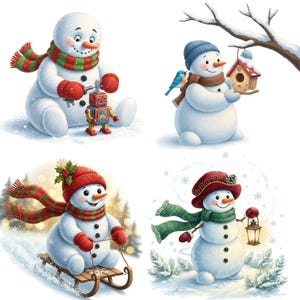 Cute watercolor snowman graphics with soft blue and red tones for holiday and winter projects.