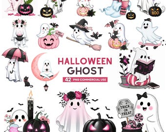 Clipart Halloween goth rose pastel, PNG Kawaii fantôme, graphiques effrayants mignons, art citrouille pastel, esthétique Halloween girly, usage Commercial