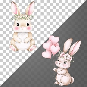 Set of watercolor bunny and rabbit clipart with floral details, ideal for Easter printables, nursery wall art, and party decor.