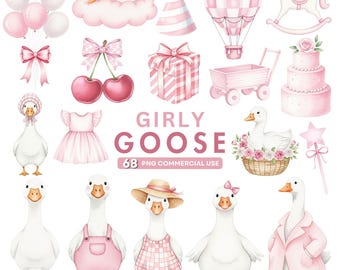 Aquarell Gans Clipart, rosa Girly Gans PNG, Girly Babyparty Clip Art, Kokette Kinderzimmer Dekor, Baby-Mädchen-Geburtstag, kommerzielle Nutzung Png