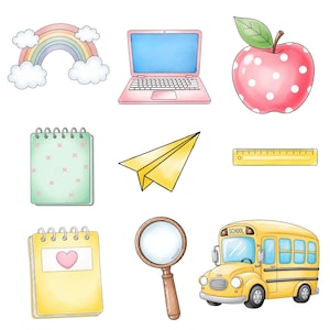 Back to school sublimation PNG with pastel groovy style teacher items, colorful notebooks, school decor, and cute kawaii elements.