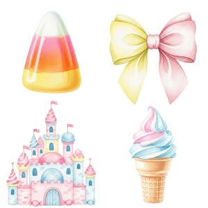 Watercolor sweets collection featuring candyland-inspired treats: soft-toned cotton candy, cupcakes, macarons, and colorful lollipops