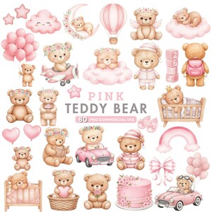 Pink Teddy Bear Clipart, Watercolor Teddy Bear, Baby Girl Shower Clipart, It's A Girl Nursery Art, Baby Nursery, Sleeping Teddy Illustration