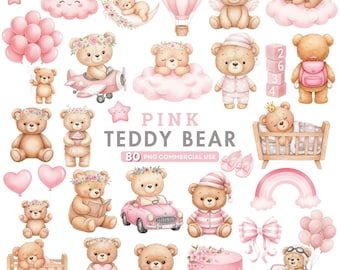 Clipart ours en peluche rose, ours en peluche aquarelle, clipart shower de bébé fille, c'est un art de chambre de fille, chambre de bébé, Illustration peluche endormie