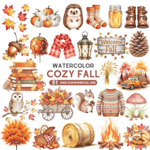 Peut inclure: Illustrations à l'aquarelle sur le thème de l'automne, avec des citrouilles, des feuilles, un hérisson, des chaussettes, des bottes, une écharpe, une lanterne et une pancarte "Welcome Fall". Le texte "Watercolor Cozy Fall" et "51 PNG Commercial Use" sont également présents.