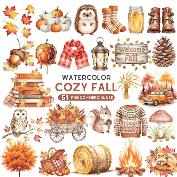 Cozy Fall Clipart, Autumn Clipart Bundle, Pumpkin Clipart, Fall Leaves PNG, Rustic Fall, Cozy Season, Thanksgiving PNG, Scrapbooking Clipart