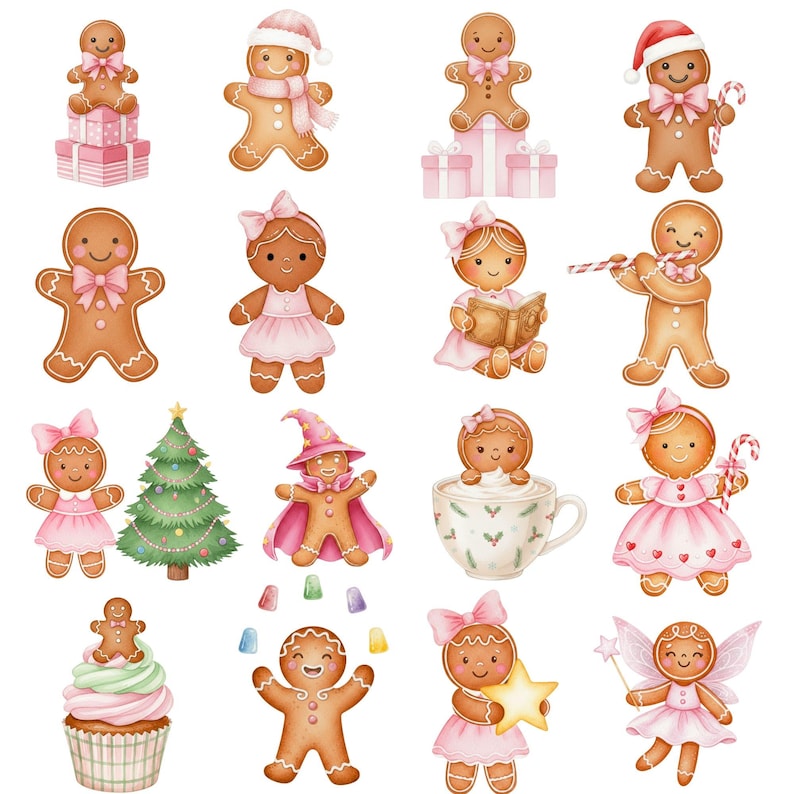 Adorable pink gingerbread girl PNG in pastel tones, ideal for coquette Christmas projects, stickers, and festive printables.