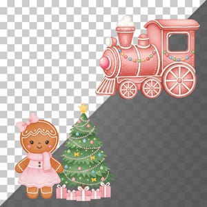 Watercolor pink gingerbread family illustration with soft pastel hues, perfect for festive nursery art and greeting cards.