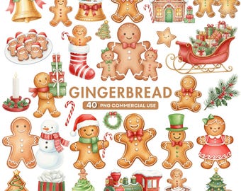 Gingerbread Clipart, Watercolor Christmas PNG, Gingerbread Man, Gingerbread House, Cute Christmas Cookies, Holiday Clipart, Festive PNG