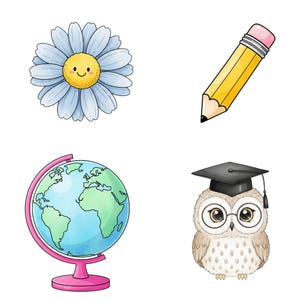 Sublimation-ready back to school PNG clipart in retro style with pastel tones, teacher tools, classroom illustrations, and cute graphics.