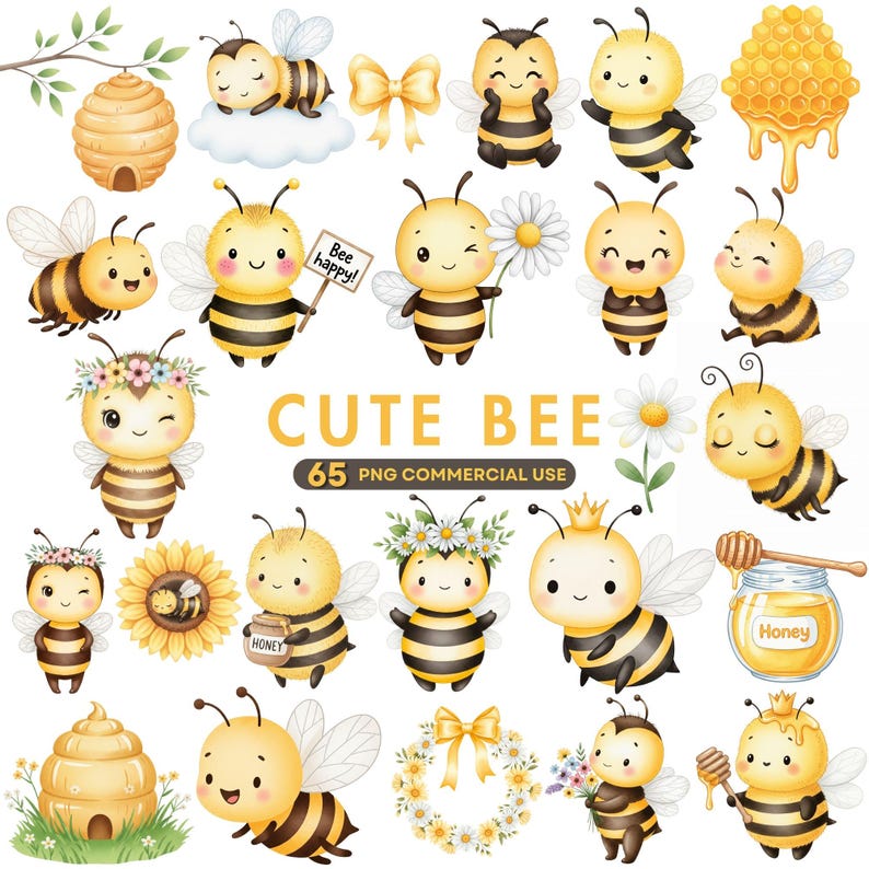 Watercolor illustration of cute little bee clipart with soft yellow and black stripes, perfect for nursery wall art and baby shower designs.