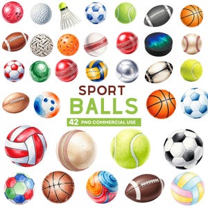 May include: A watercolour illustration featuring a variety of sports balls, such as a football, cricket ball, and tennis ball. The image includes the text "SPORT BALLS" in green, with "42 PNG COMMERCIAL USE" below, suitable for commercial use.