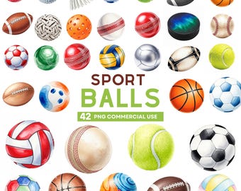 Watercolor Sports Ball Clipart, Sports Clipart, Soccer Clipart, Football, Baseball Basketball Golf Ball Graphics, Printable Download Art Set