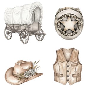 Western clipart collection with baby cowboy, rustic saddle, cactus, and desert background for digital downloads and print crafts.