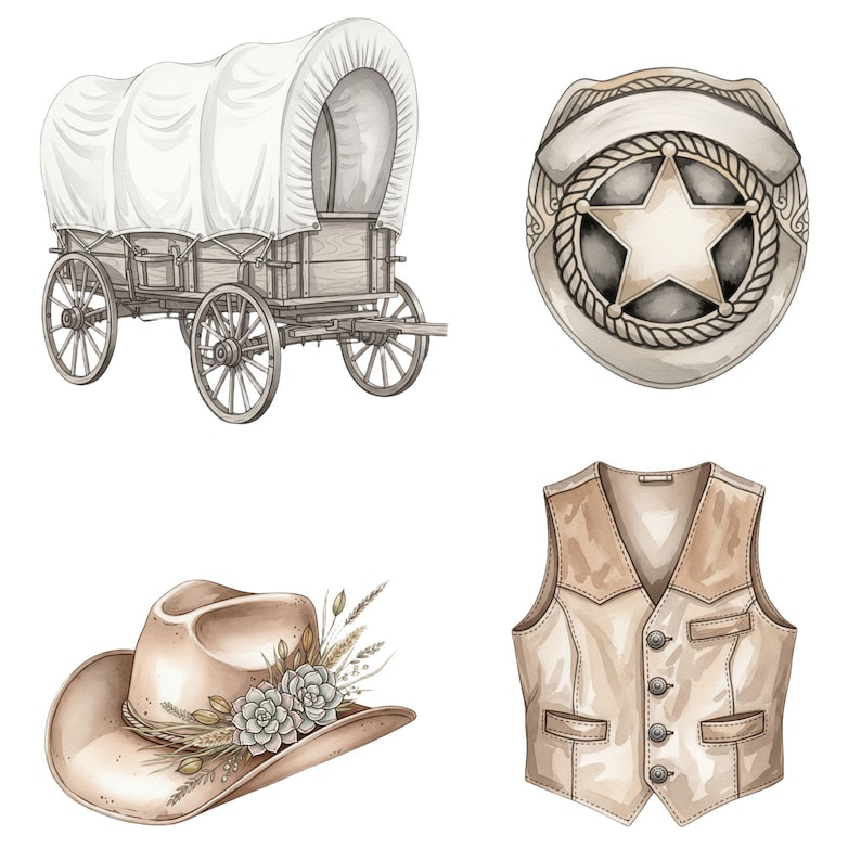 Western clipart collection with baby cowboy, rustic saddle, cactus, and desert background for digital downloads and print crafts.