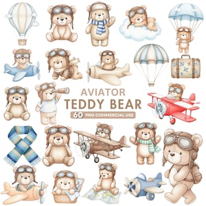 Könnte beinhalten: Aquarell-Illustrationen von Teddybären in Fliegerausrüstung, einschließlich Brillen und Hüten, mit Flugzeugen, Heißluftballons und einem Fallschirm. Der Text "AVIATOR TEDDY BEAR" und "60 PNG COMMERCIAL USE" ist zu sehen.